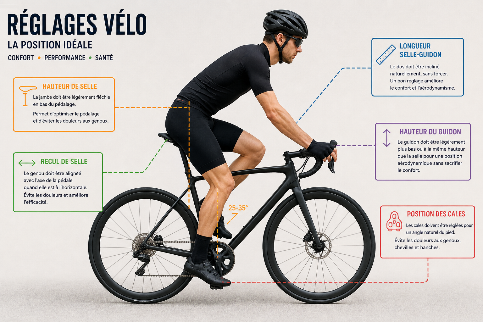 Réglage vélo position idéale : hauteur de selle, recul, guidon et cales pour éviter les douleurs